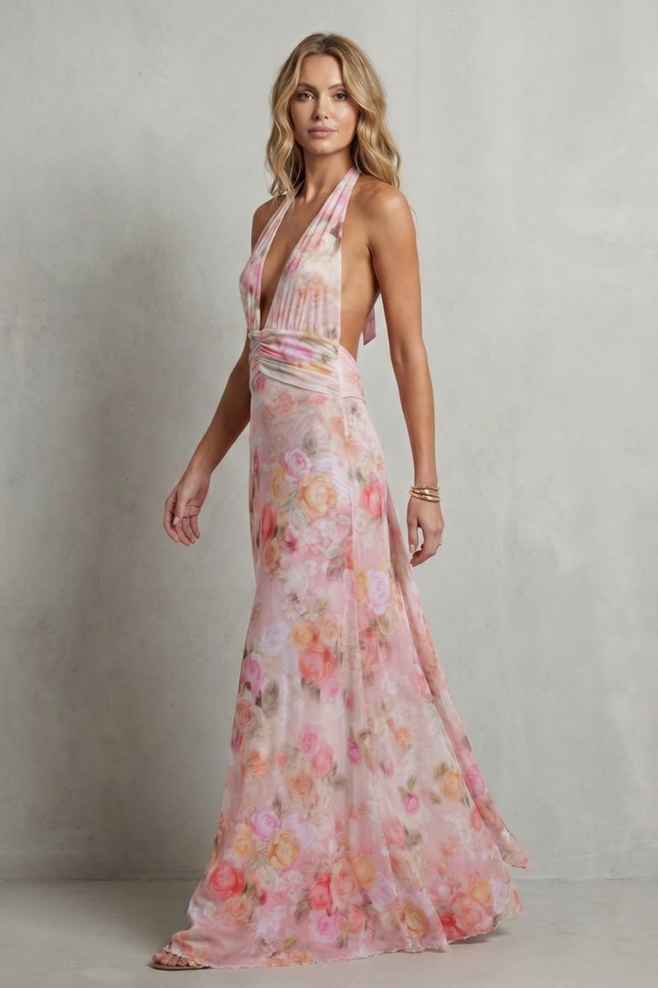 Pink floral deep V-neck maxi dress, sleeveless halter straps, flowing skirt