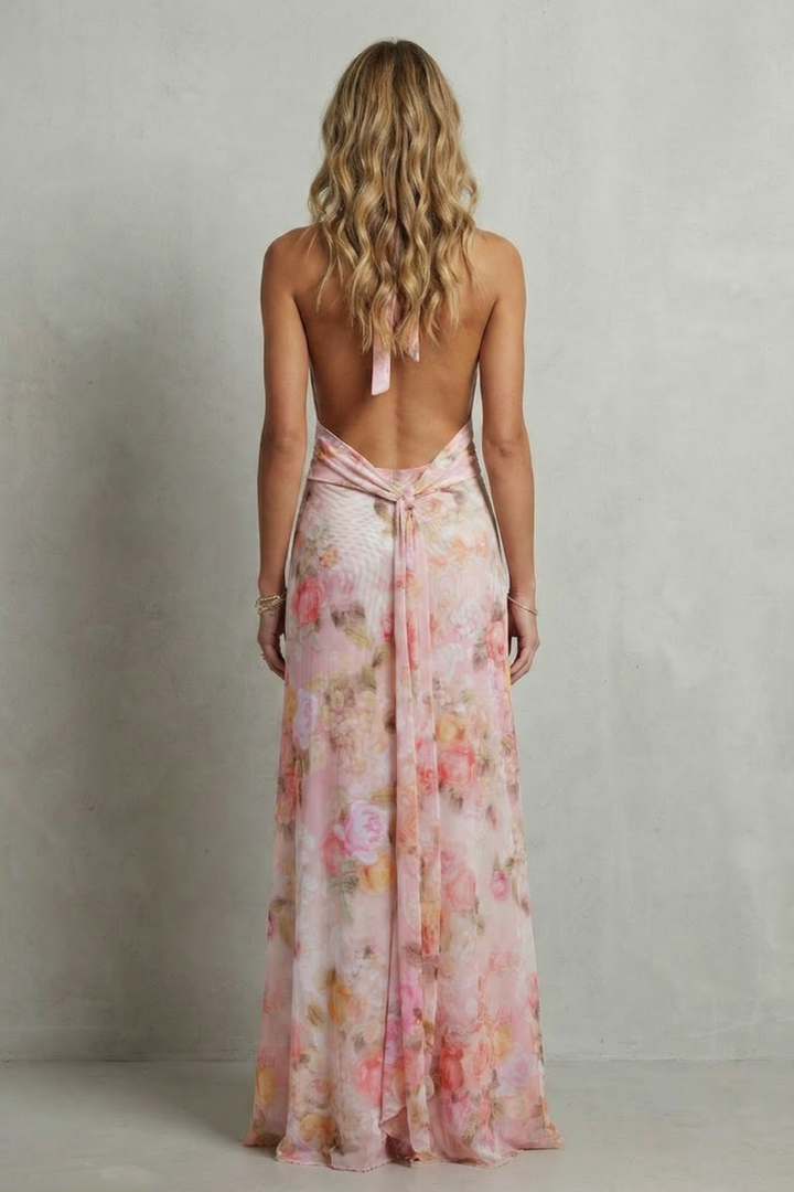 Pink floral maxi dress, open back with crisscross tie and gathered waist