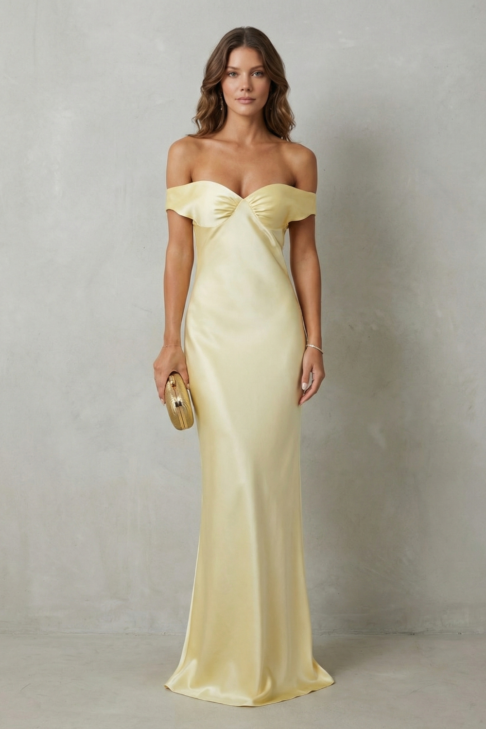 Yellow off-shoulder satin gown, fitted silhouette with soft ruching at bodice