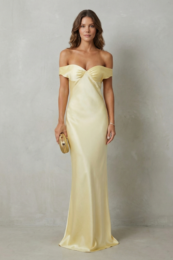Yellow off-shoulder satin gown, fitted silhouette with soft ruching at bodice