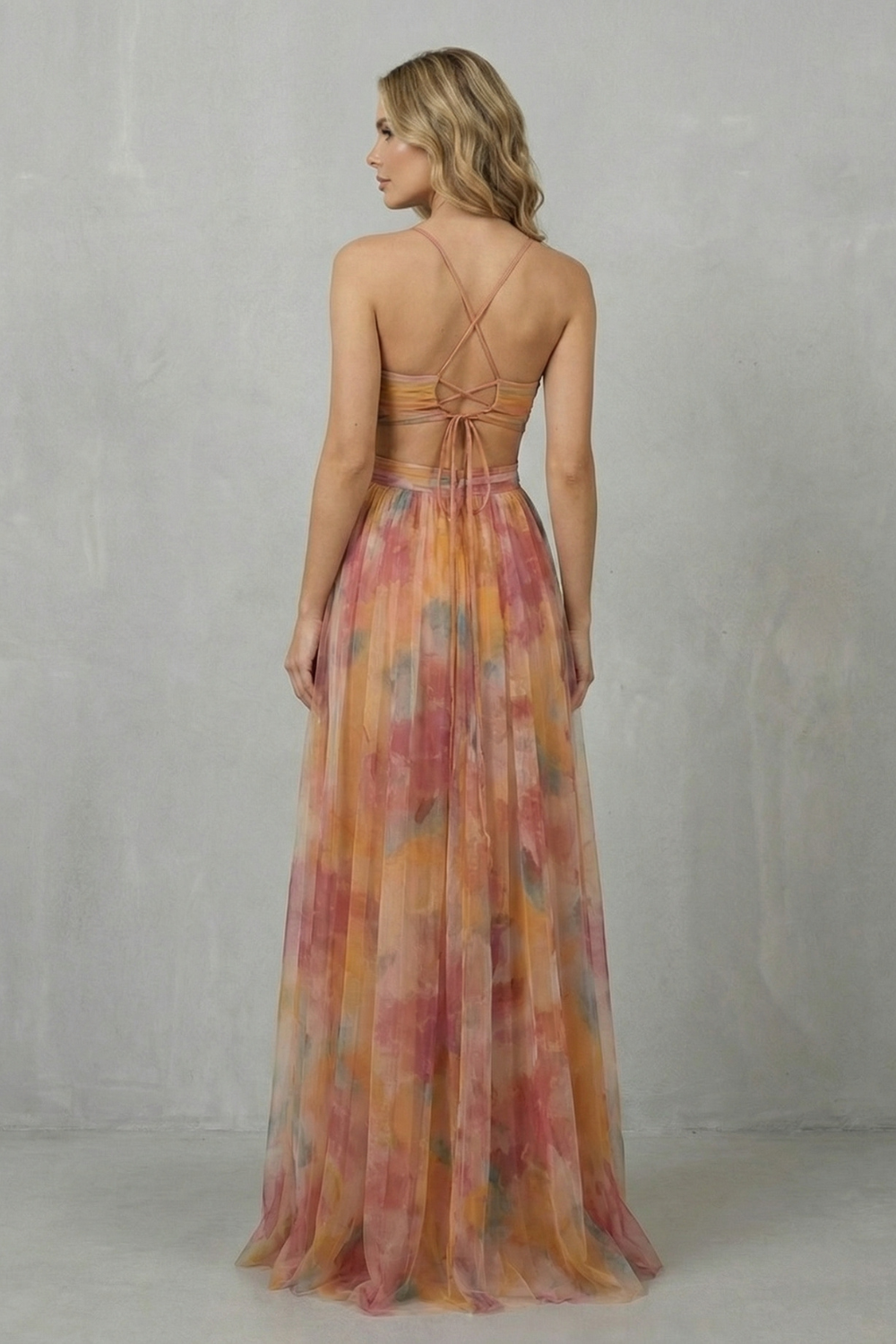 Orange-pink watercolor sleeveless maxi dress, open back crisscross tie straps, sheer skirt