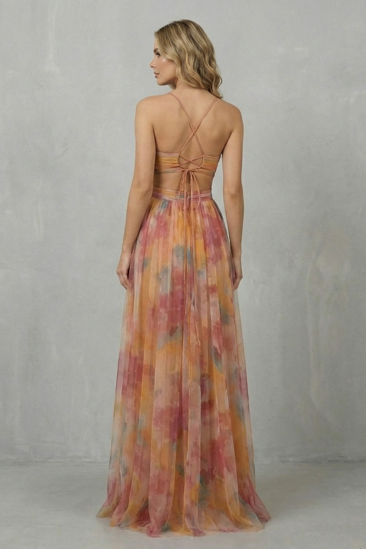 Orange-pink watercolor sleeveless maxi dress, open back crisscross tie straps, sheer skirt