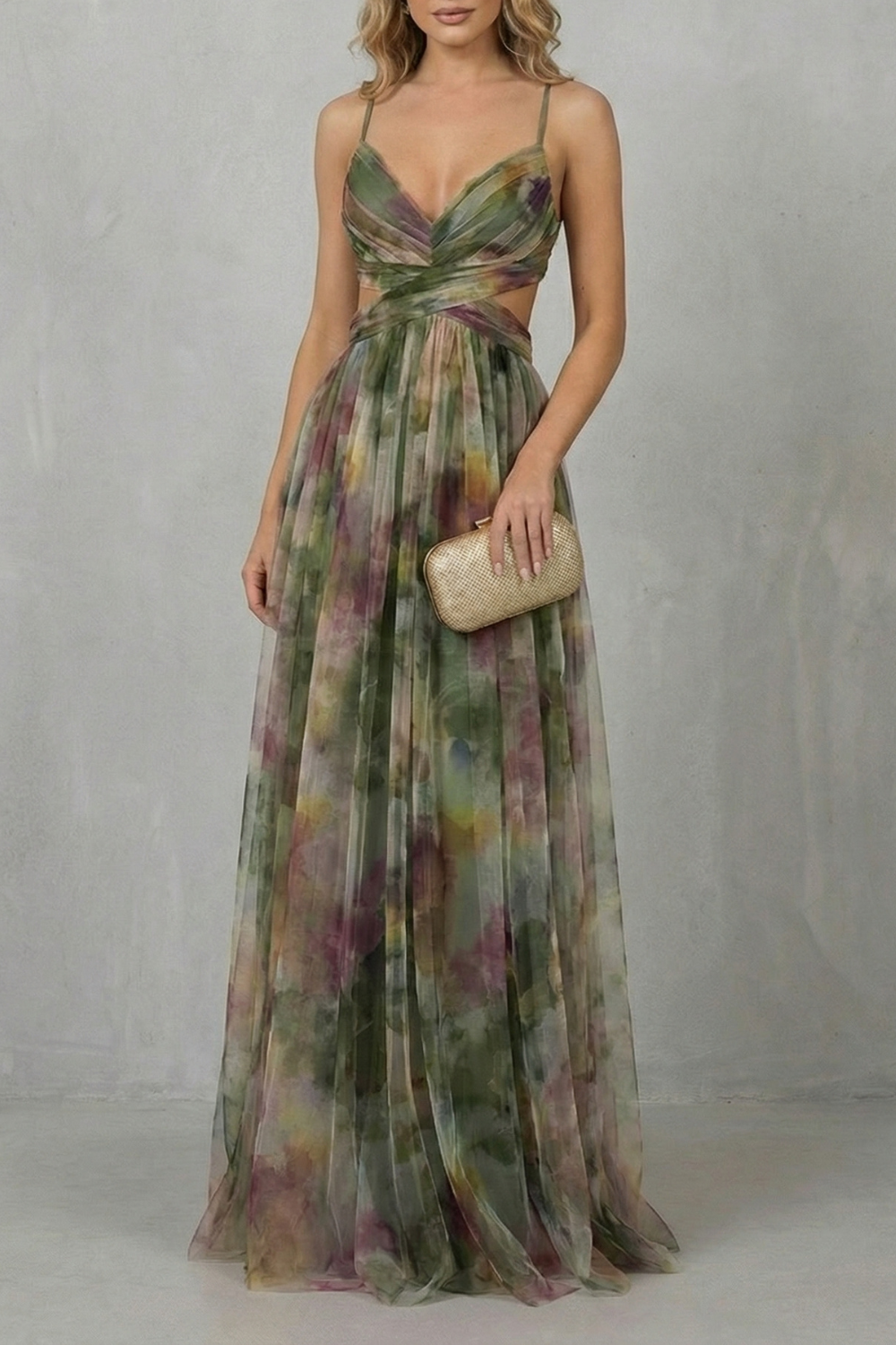Green watercolor sleeveless maxi dress, thin straps, V-neck ruched bust, gathered sheer skirt