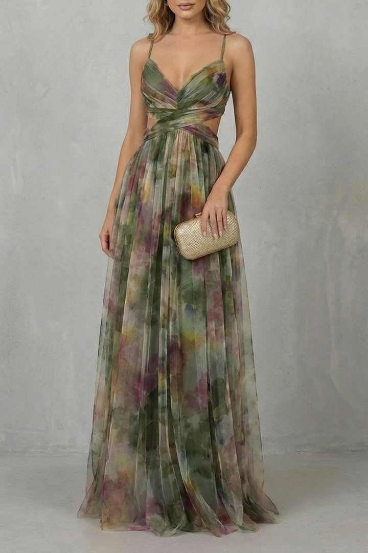 Green watercolor sleeveless maxi dress, thin straps, V-neck ruched bust, gathered sheer skirt