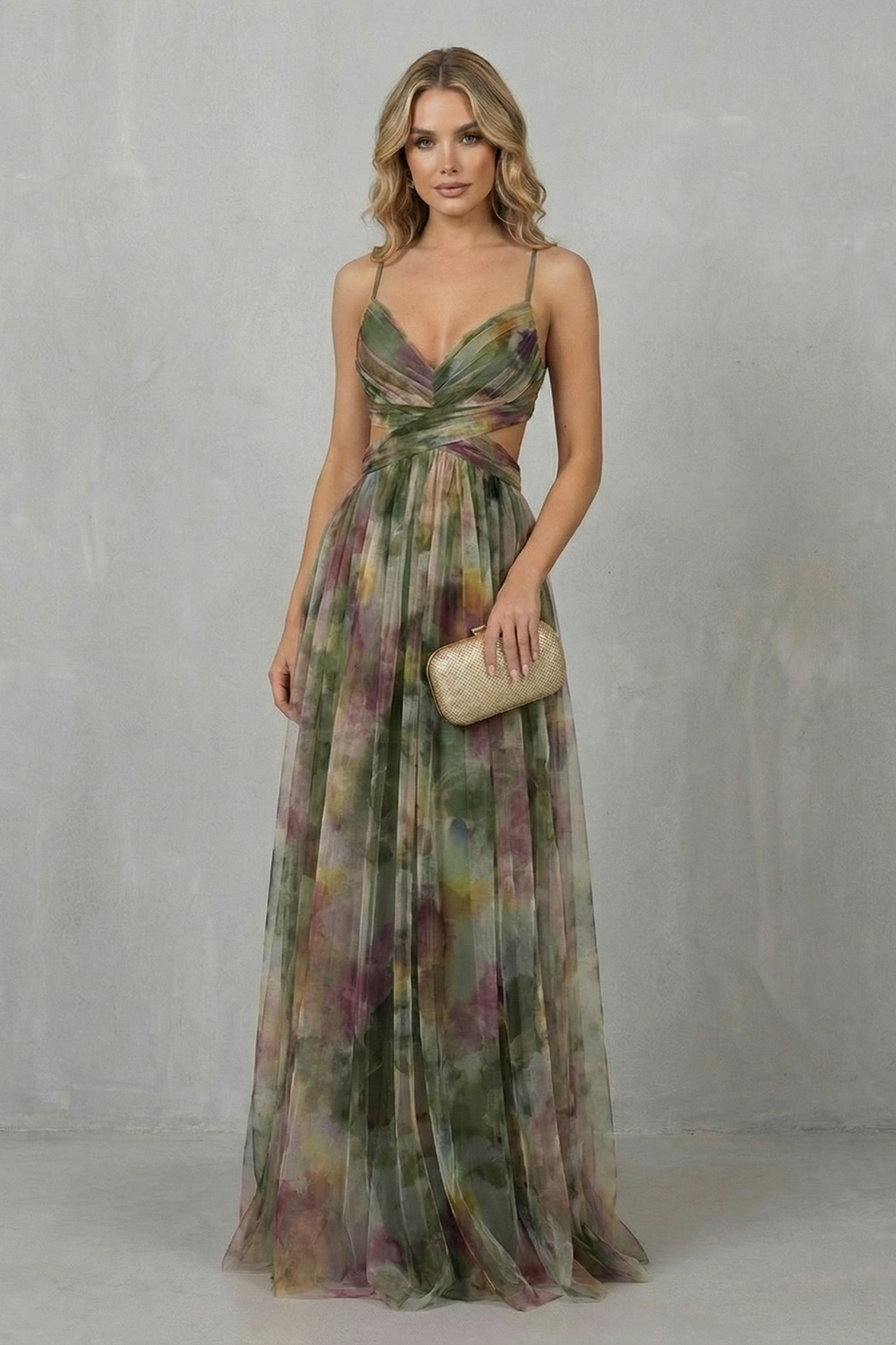 Green watercolor sleeveless maxi dress, thin straps, V-neck ruched bust, clutch at side