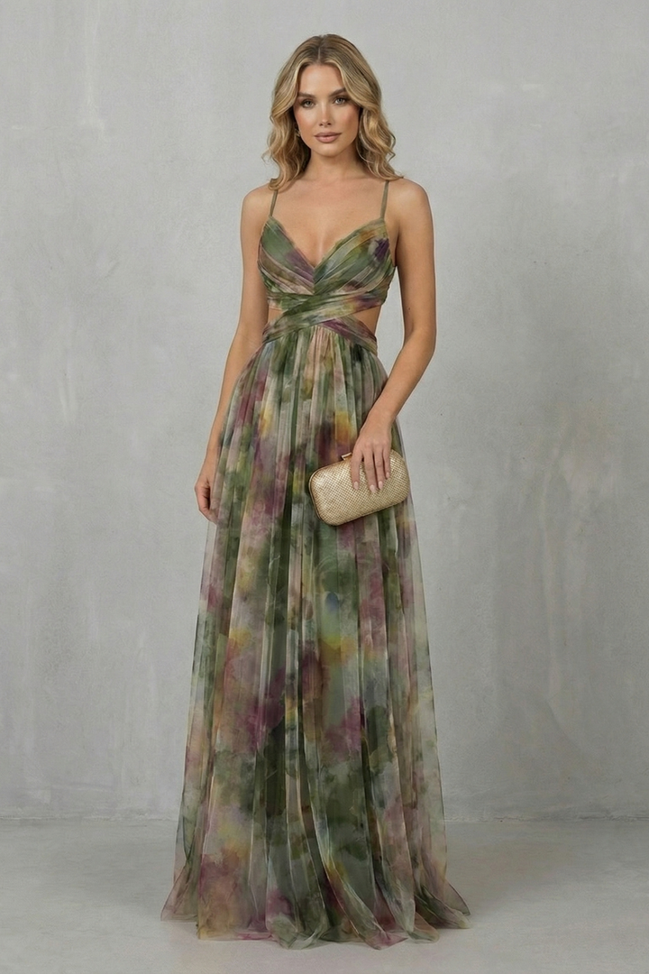 Green watercolor sleeveless maxi dress, thin straps, V-neck ruched bust, clutch at side