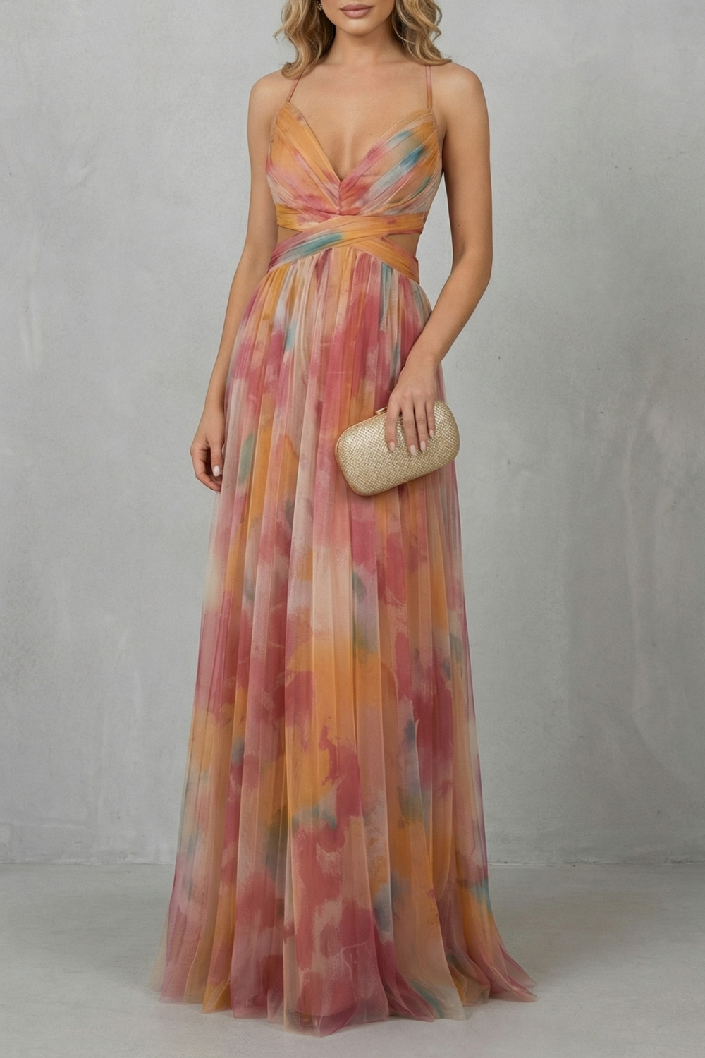 Orange-pink watercolor sleeveless maxi dress, thin straps, V-neck ruched bust, sheer skirt