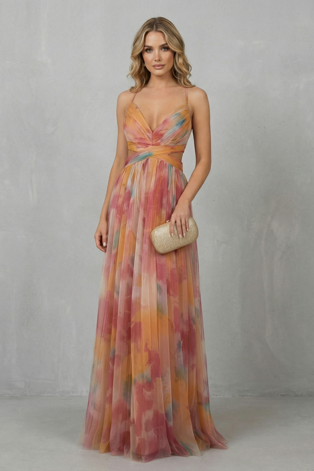 Orange-pink watercolor sleeveless maxi dress, thin straps, V-neck ruched bust, clutch in hand