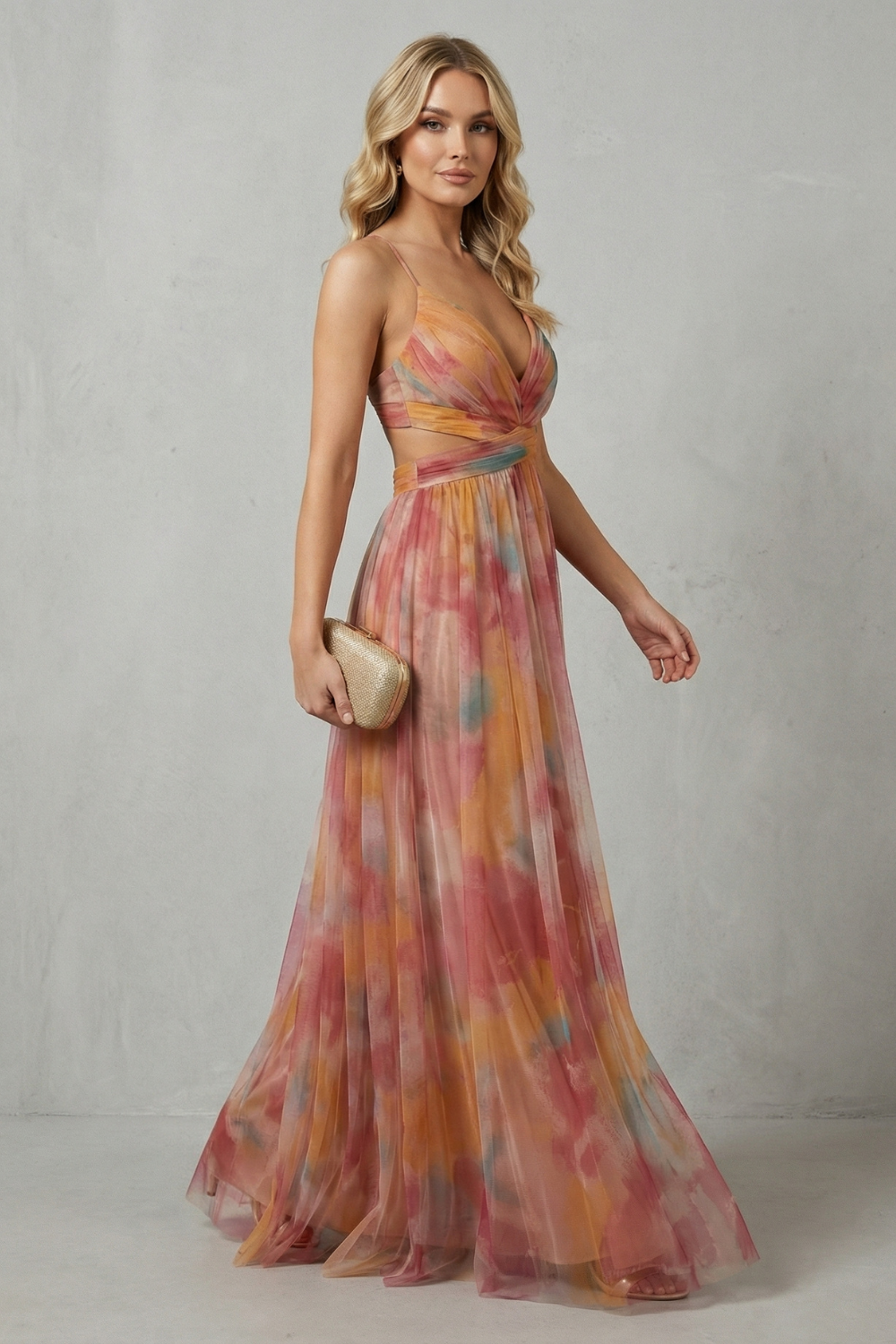 Orange-pink watercolor sleeveless maxi dress with crossover front, ruched waist, full sheer skirt
