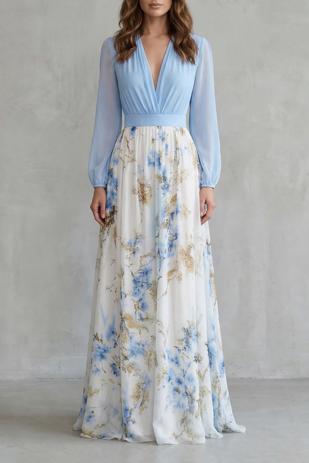 Light blue V-neck maxi dress with long sleeves and white floral skirt, gathered waist