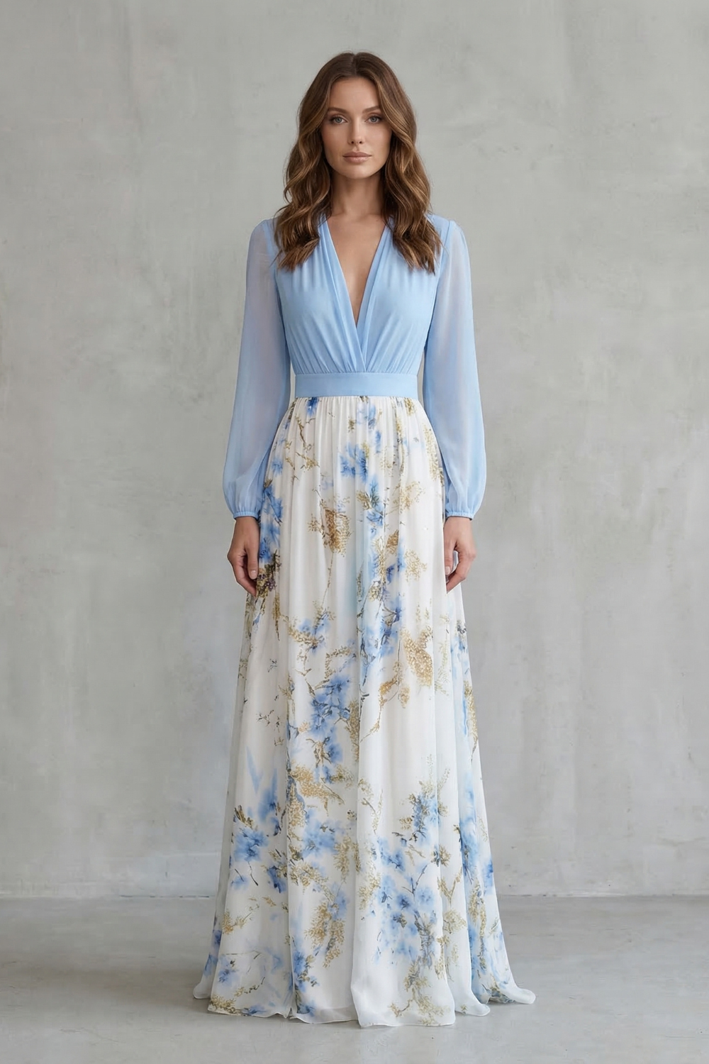 Light blue wrap-style bodice maxi dress with long puff sleeves and floral chiffon skirt