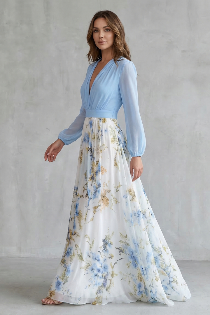Side view light blue maxi dress with V-neck bodice, long sleeves, and blue-white floral skirt