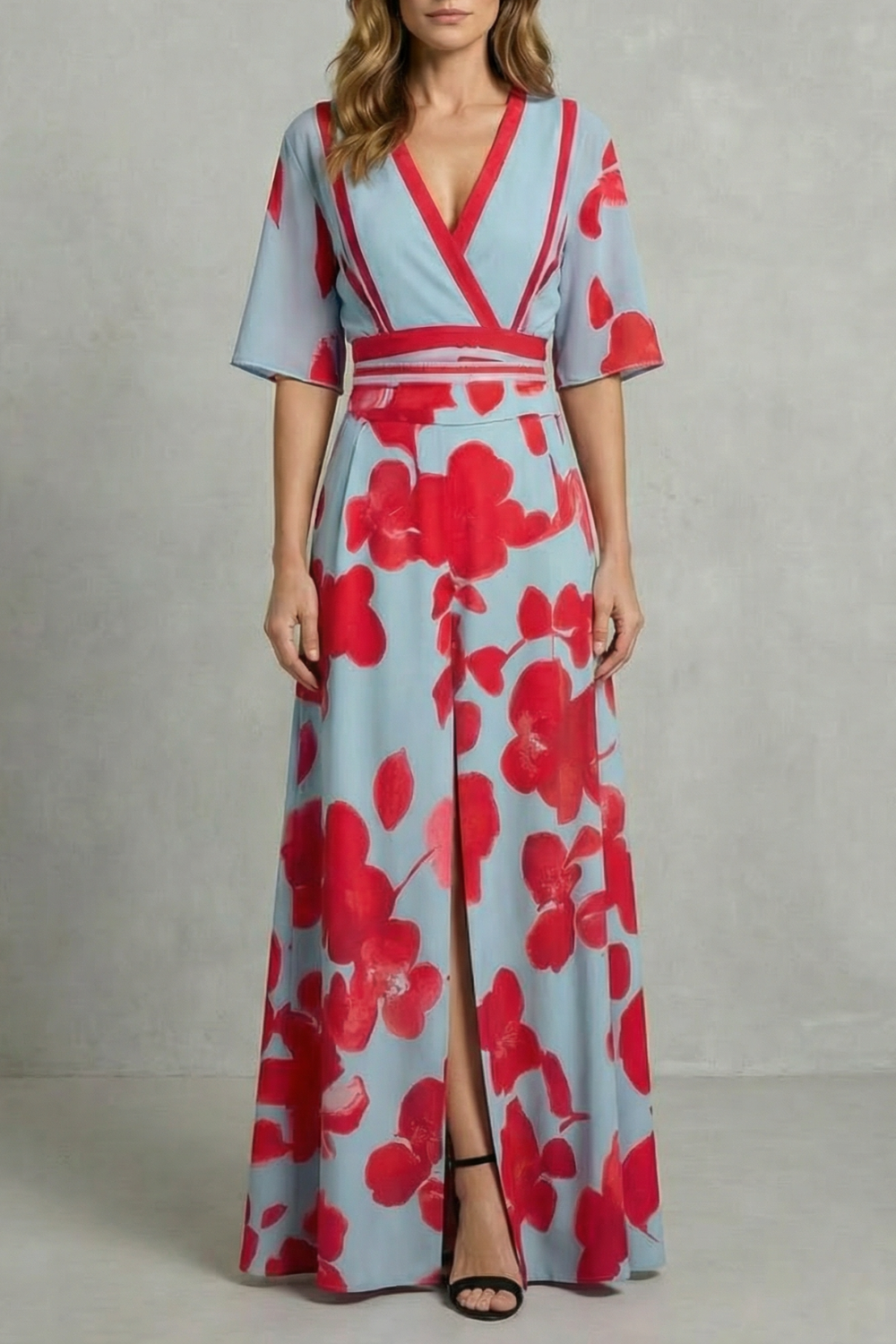Women's light blue V-neck maxi dress, red floral print, short sleeves, front slit