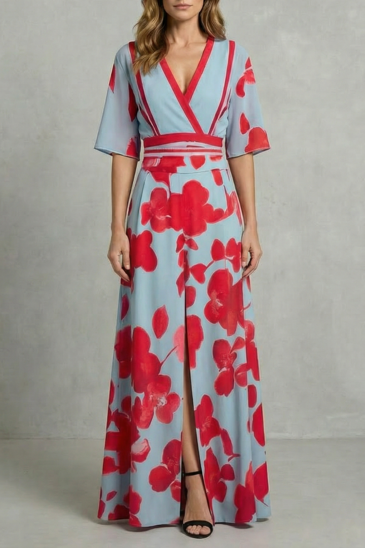 Women's light blue V-neck maxi dress, red floral print, short sleeves, front slit