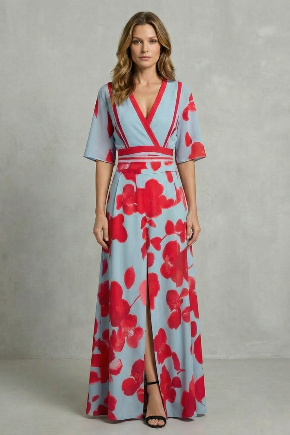Women's light blue V-neck maxi dress, red floral print, wrap waist, short sleeves