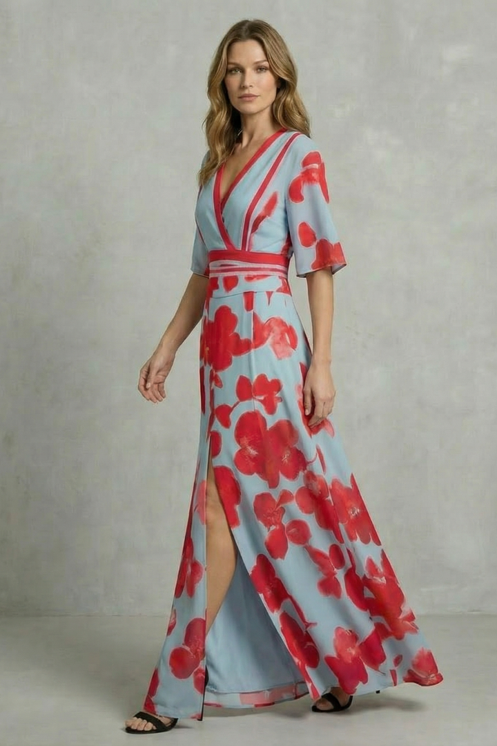 Women's light blue V-neck maxi dress, red floral print, short sleeves, side slit