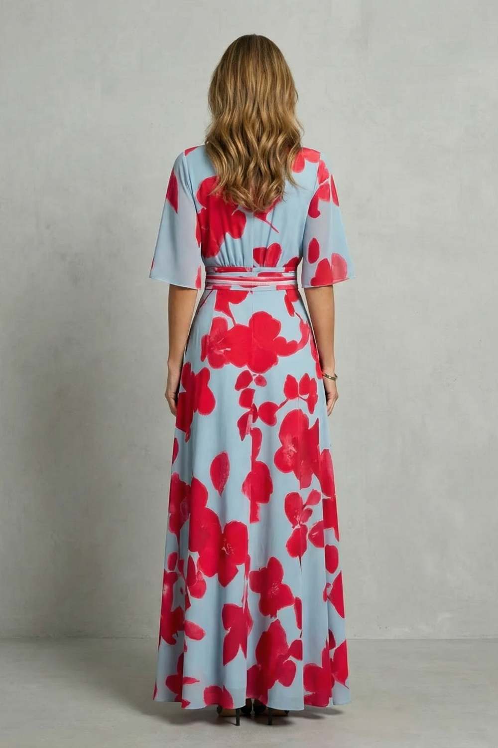 Women's light blue maxi dress back, red floral print, short sleeves, tied waist