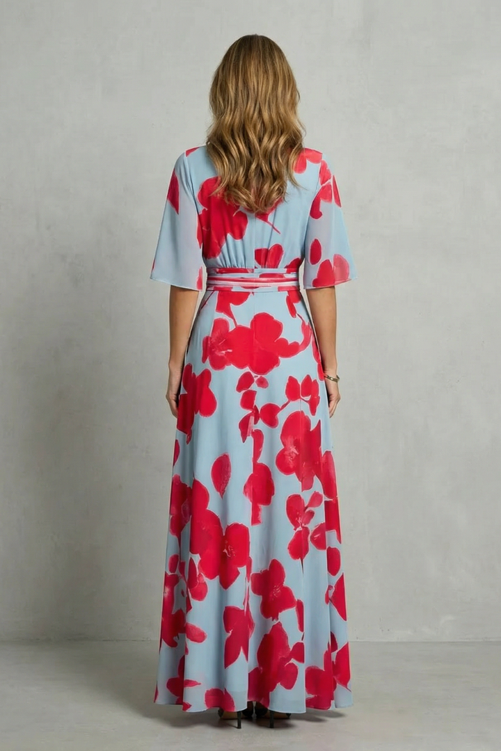 Women's light blue maxi dress back, red floral print, short sleeves, tied waist
