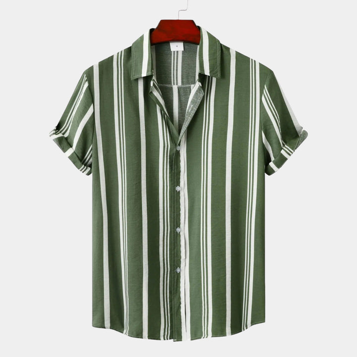 Green short-sleeve striped shirt with white vertical stripes and button front