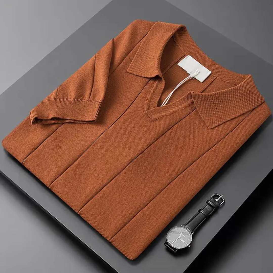 Cotton polo shirt in terracotta, ribbed collar with button placket and short sleeves