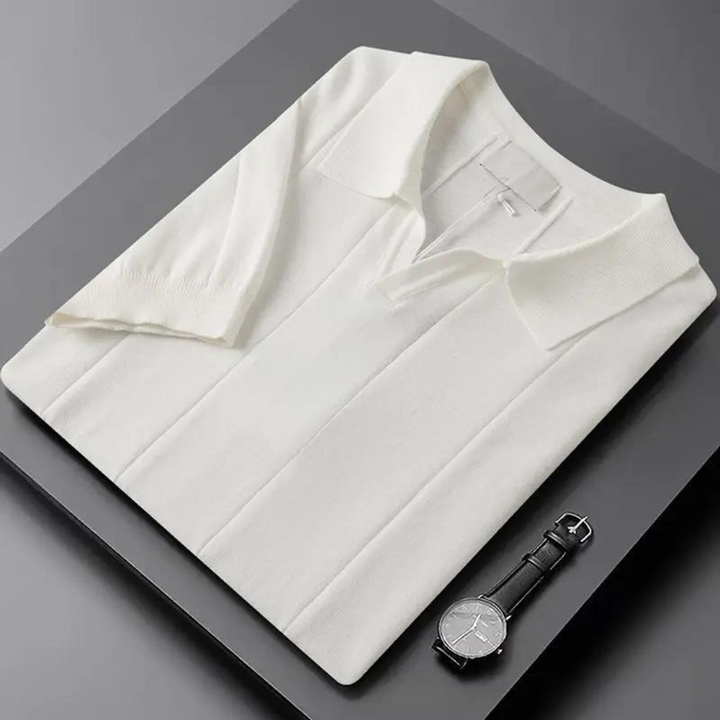 Cotton polo shirt in white, ribbed collar with button placket and short sleeves