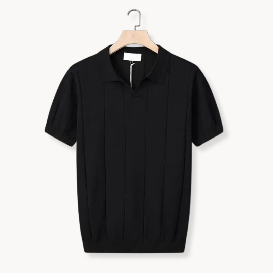 Black cotton polo shirt on hanger with ribbed vertical knit texture and knit collar