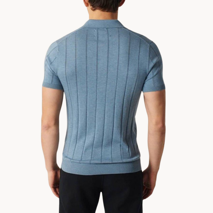 Blue cotton knit polo shirt back view with vertical ribbed paneling