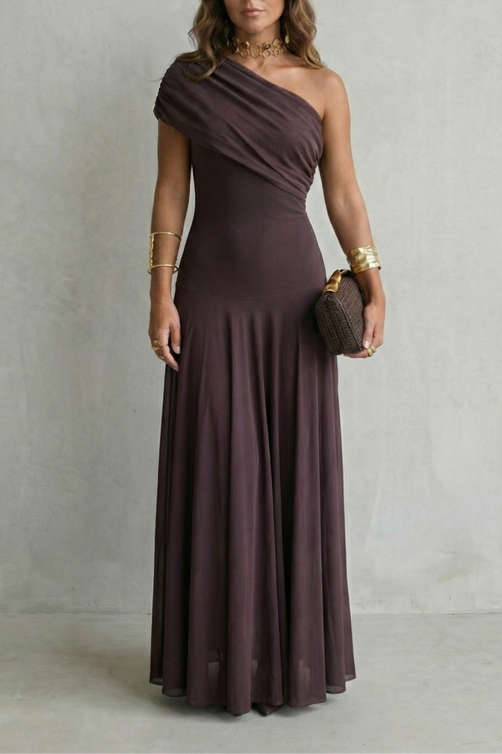 One-shoulder maxi dress in dark plum with draped asymmetrical neckline