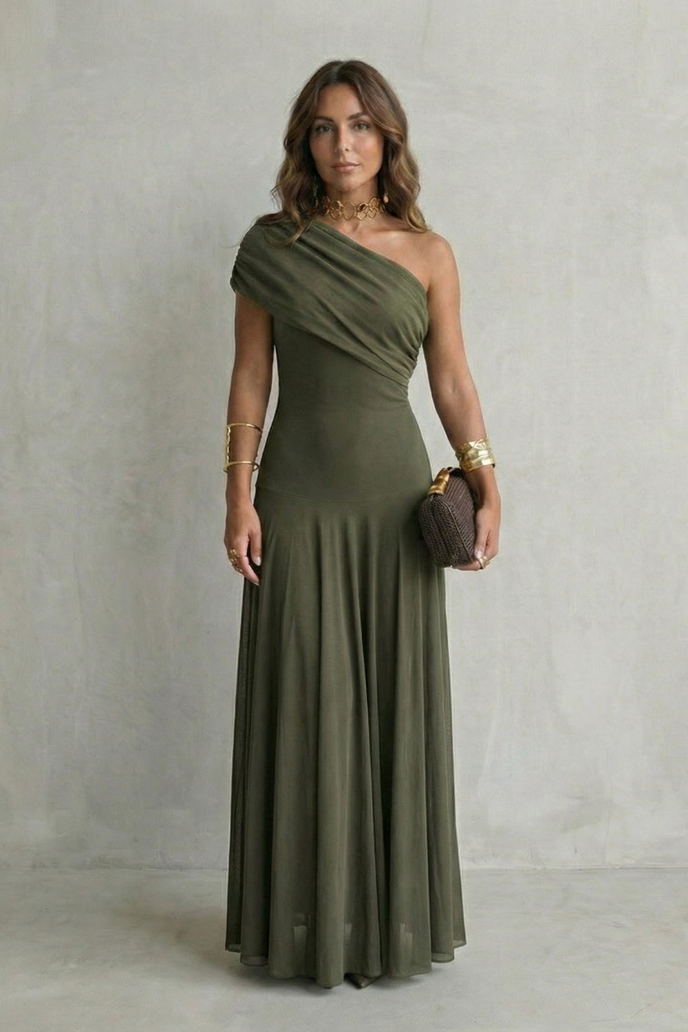 One-shoulder maxi dress in olive green with cross-body drape and gathered skirt
