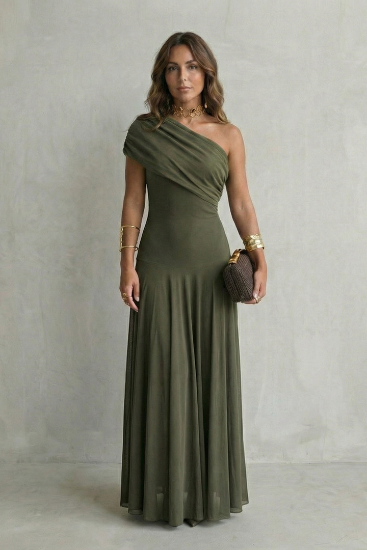 One-shoulder maxi dress in olive green with cross-body drape and gathered skirt
