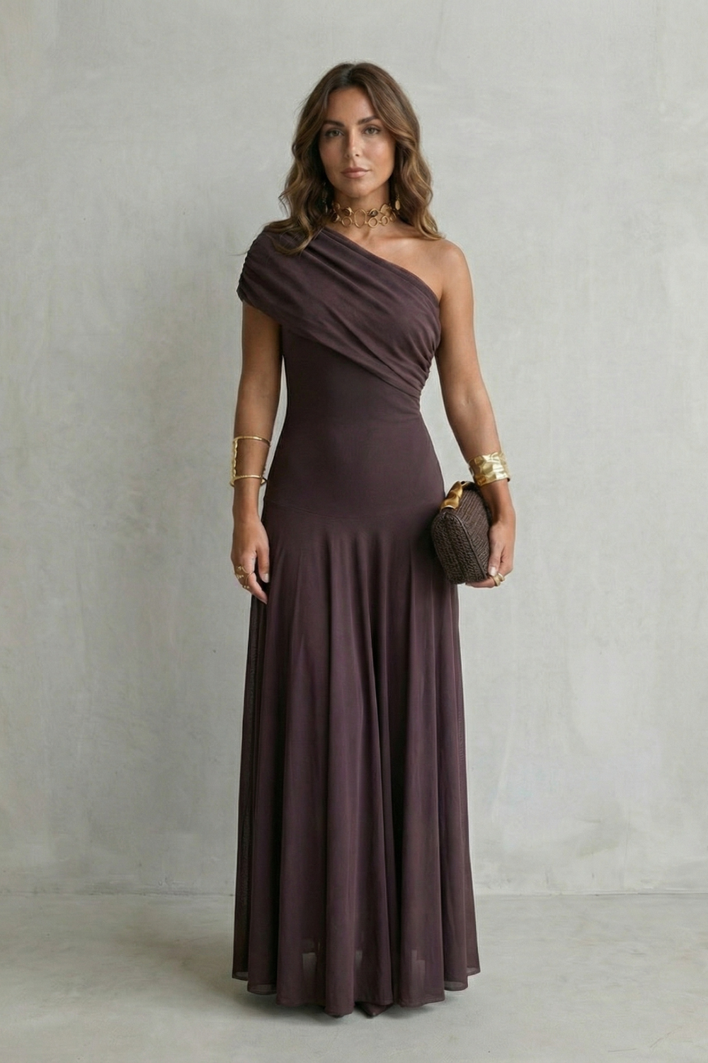 One-shoulder maxi dress in dark plum with cross-body drape bodice