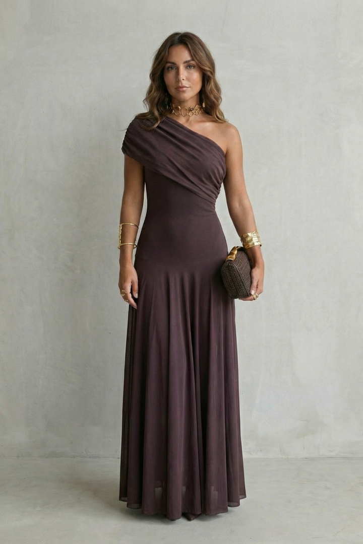 One-shoulder maxi dress in dark plum with cross-body drape bodice