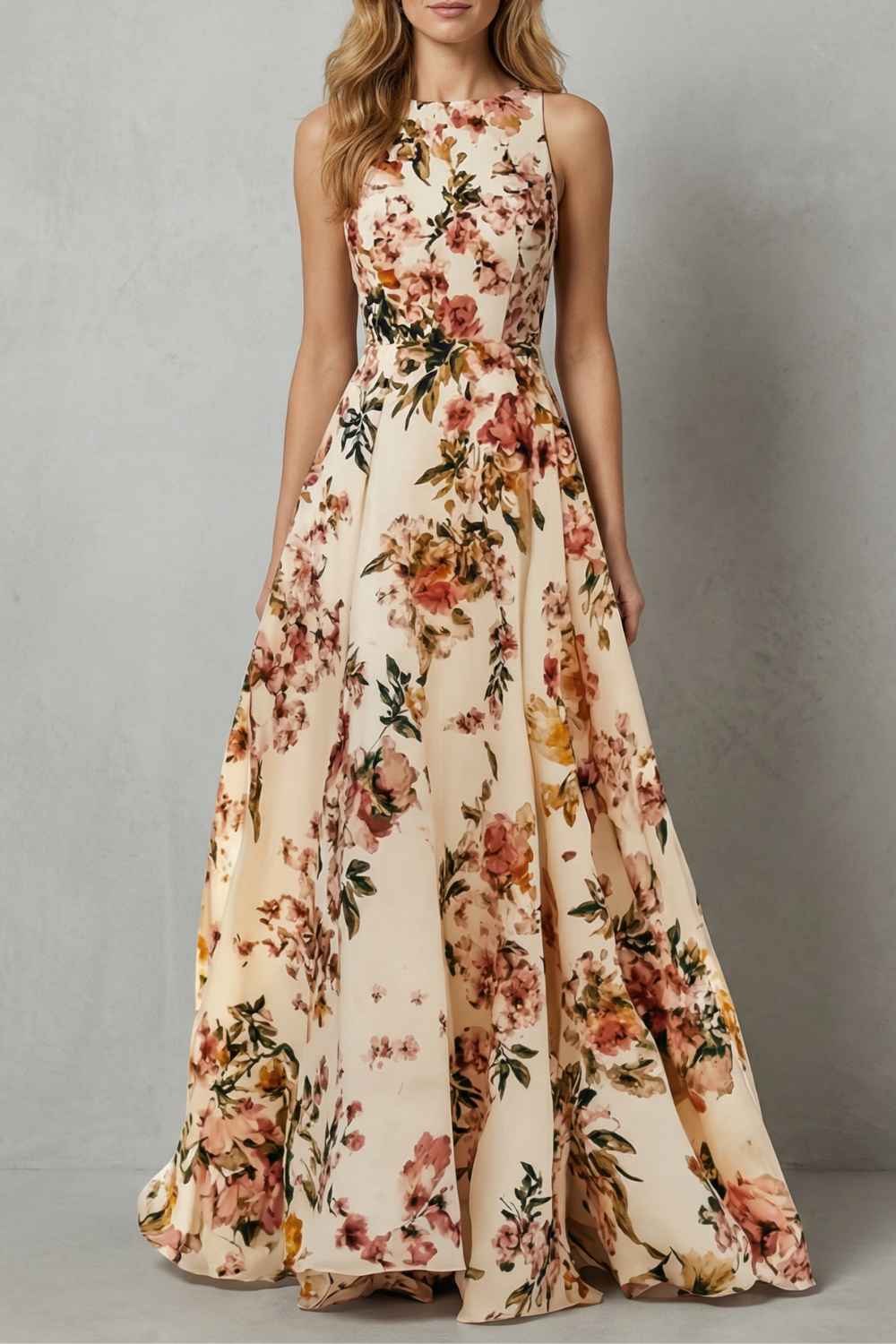 Floral maxi dress with sleeveless scoop neck, fitted waist, full A-line skirt