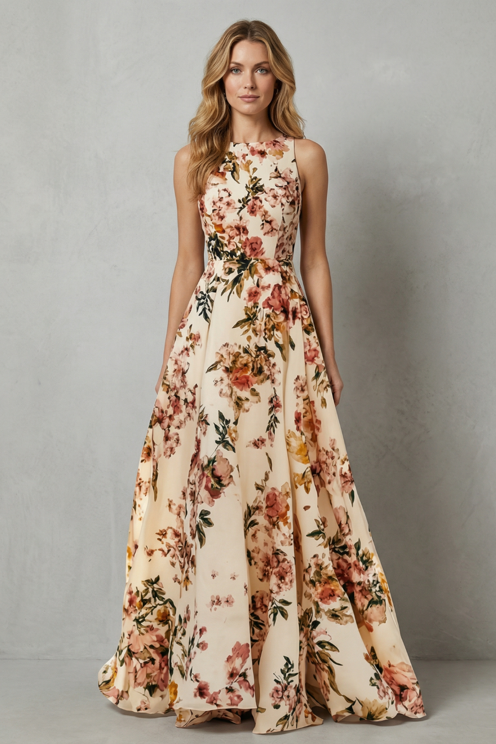 Floral maxi dress with sleeveless scoop neck, cinched waist, wide flowing skirt