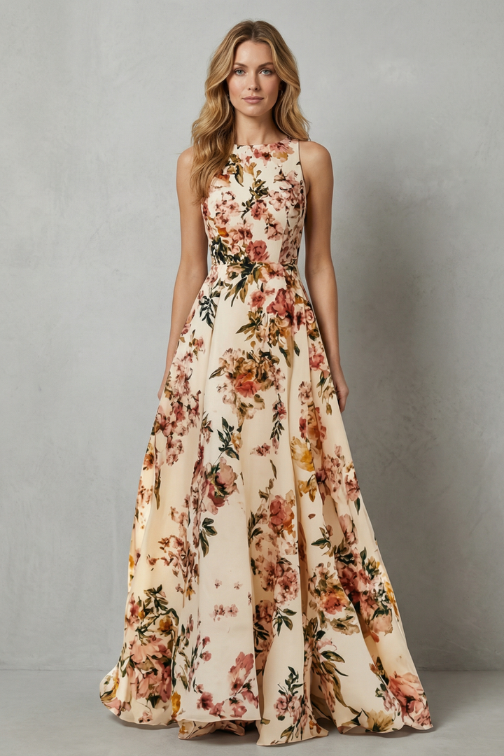 Floral maxi dress with sleeveless scoop neck, cinched waist, wide flowing skirt