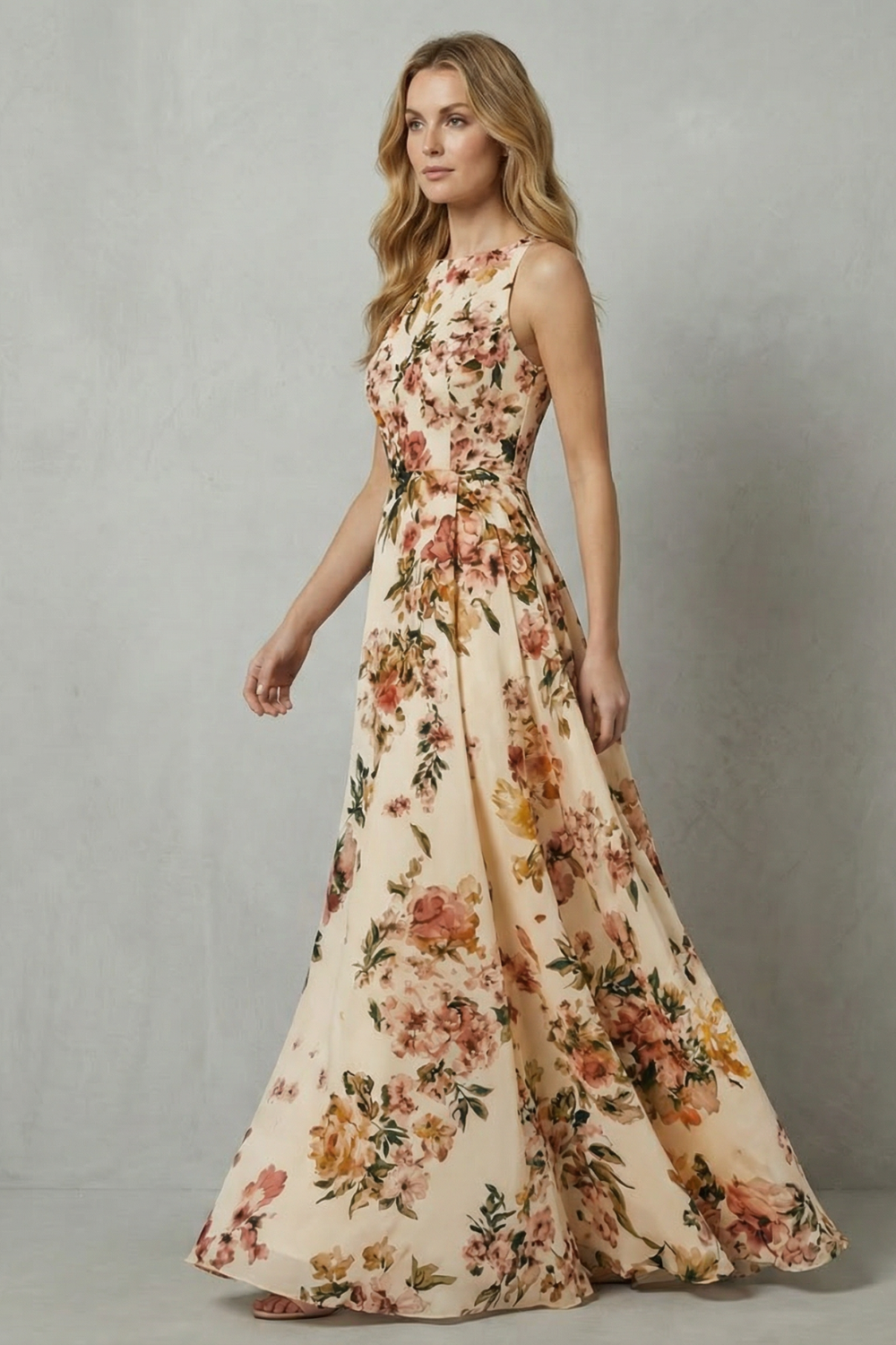 Floral sleeveless maxi dress with scoop neck and gathered skirt, ankle length