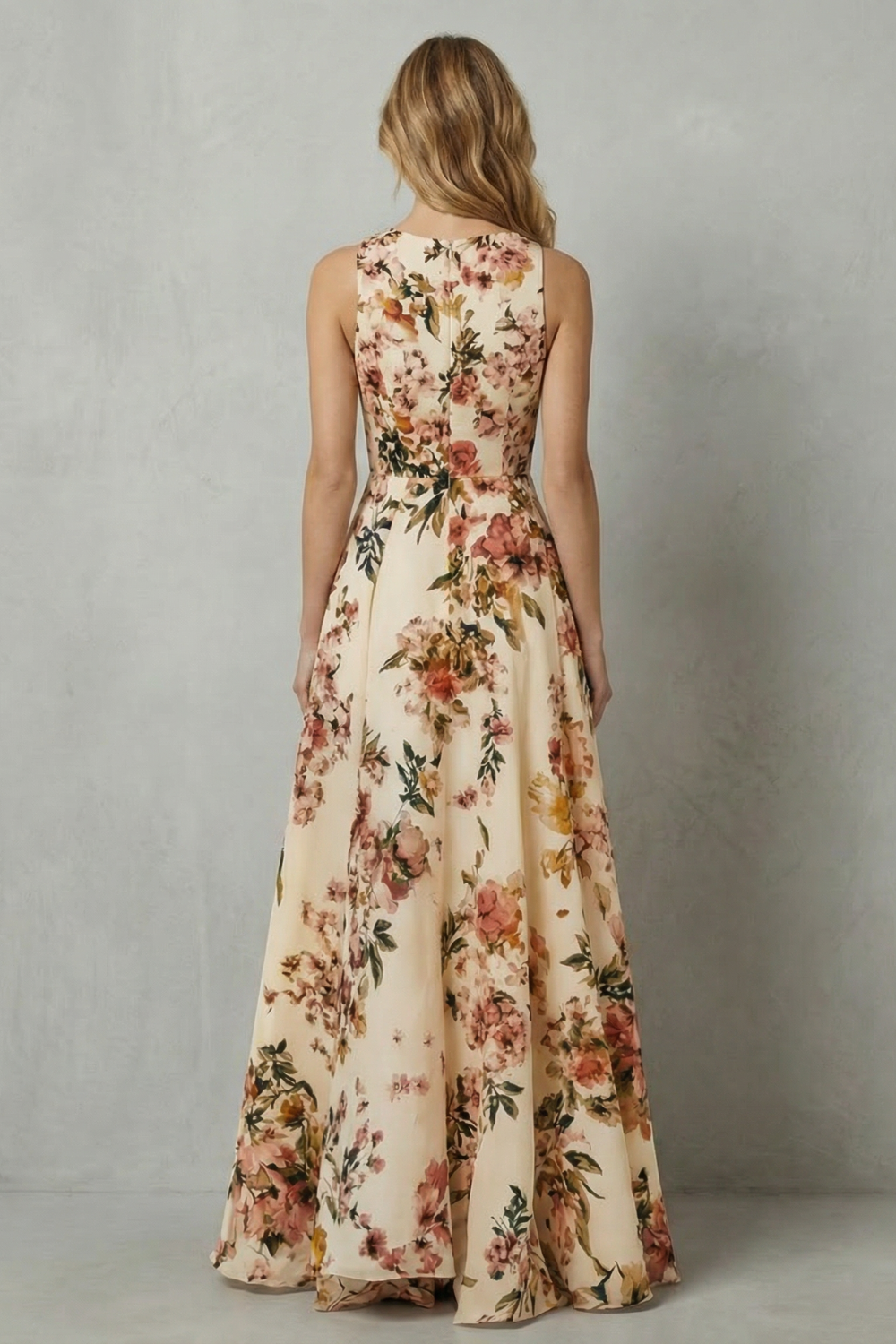 Back view floral maxi dress with sleeveless cut and gathered waist seam