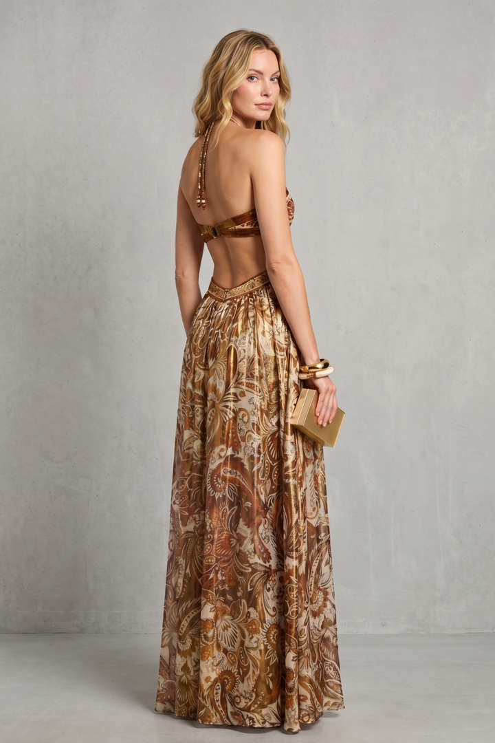 Gold paisley halter maxi dress, open back straps and long flowing skirt