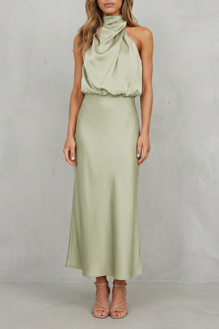 Light green halter maxi dress with draped cowl neck and fitted waist