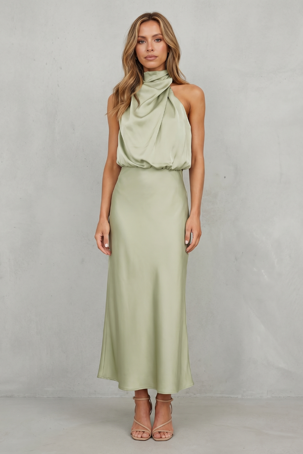 Light green halter neck maxi dress with draped collar and long straight skirt