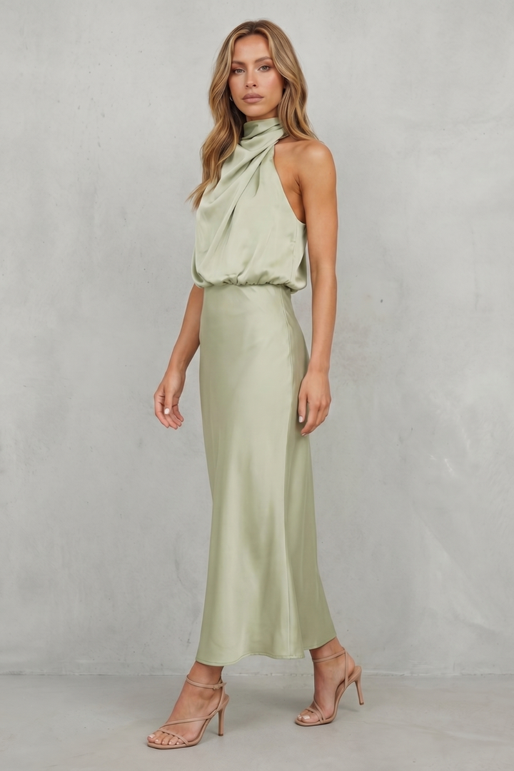 Light green halter maxi dress with draped cowl neck and sleeveless fitted bodice