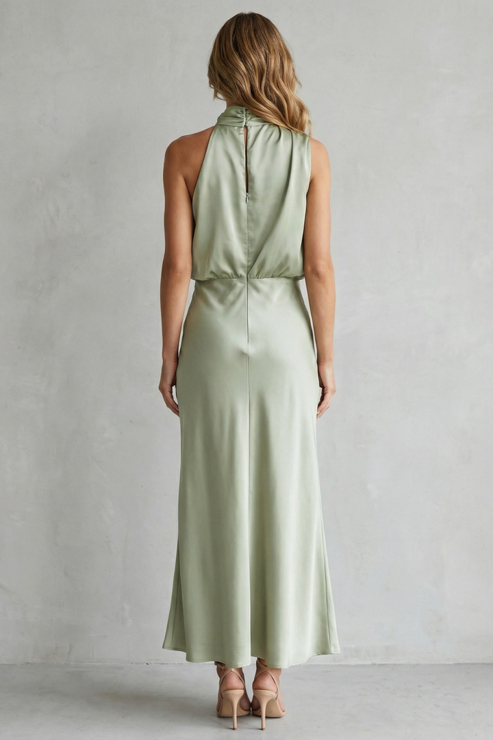 Light green halter maxi dress, open back with tied neck detail and long skirt