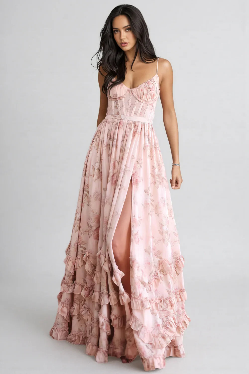 Pink floral maxi dress with spaghetti straps, sweetheart bodice, front slit, tiered ruffle layers