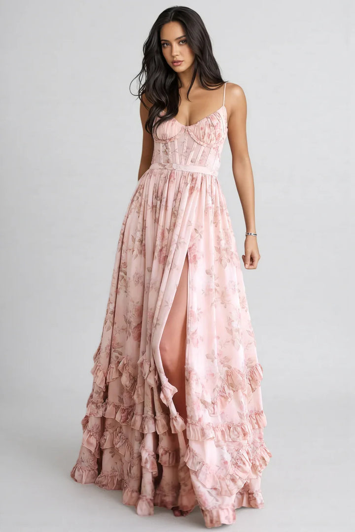 Pink floral maxi dress with spaghetti straps, sweetheart bodice, front slit, tiered ruffle layers