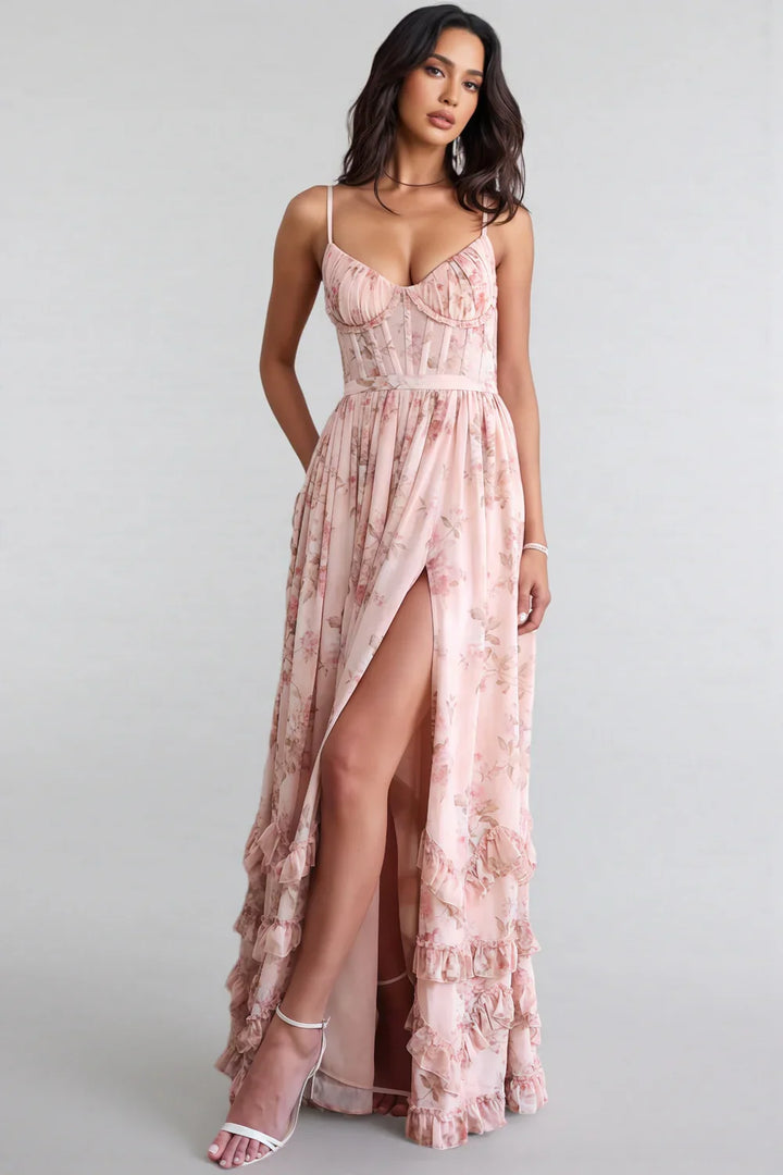 Pink floral maxi dress with spaghetti straps, sweetheart bodice, front slit, cascading ruffle layers