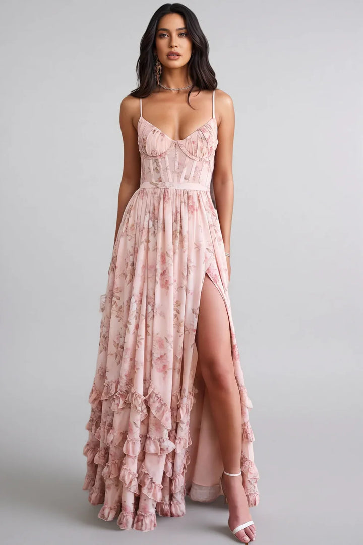 Pink floral maxi dress with spaghetti straps, gathered bodice, front slit, ruffled hem