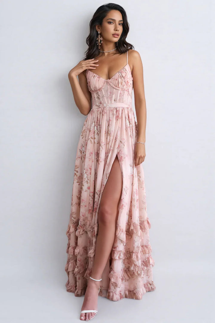 Pink floral maxi dress with spaghetti straps, sweetheart neckline, front slit, layered ruffle trim