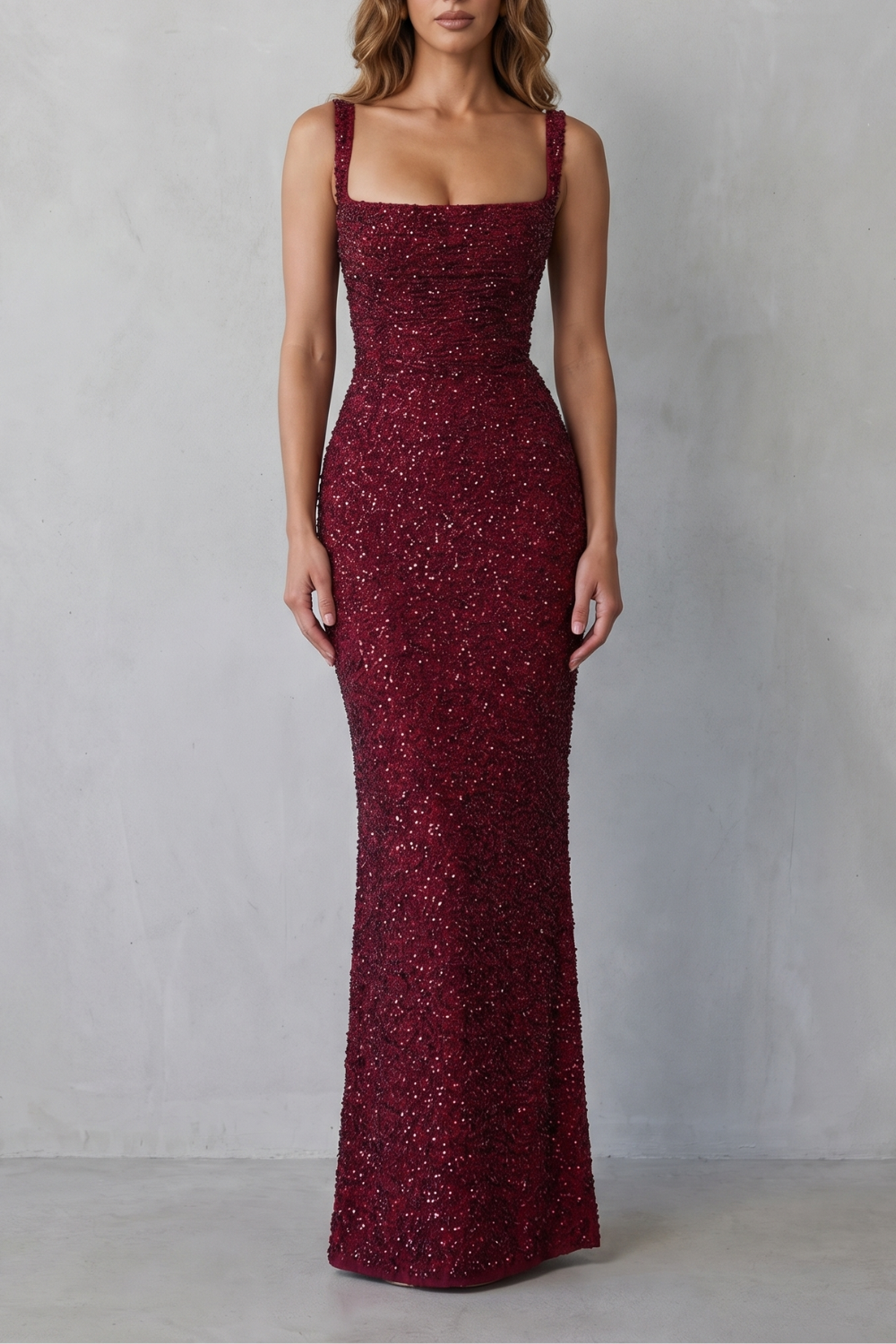 Wine red sequin maxi dress with square neckline and thin spaghetti straps