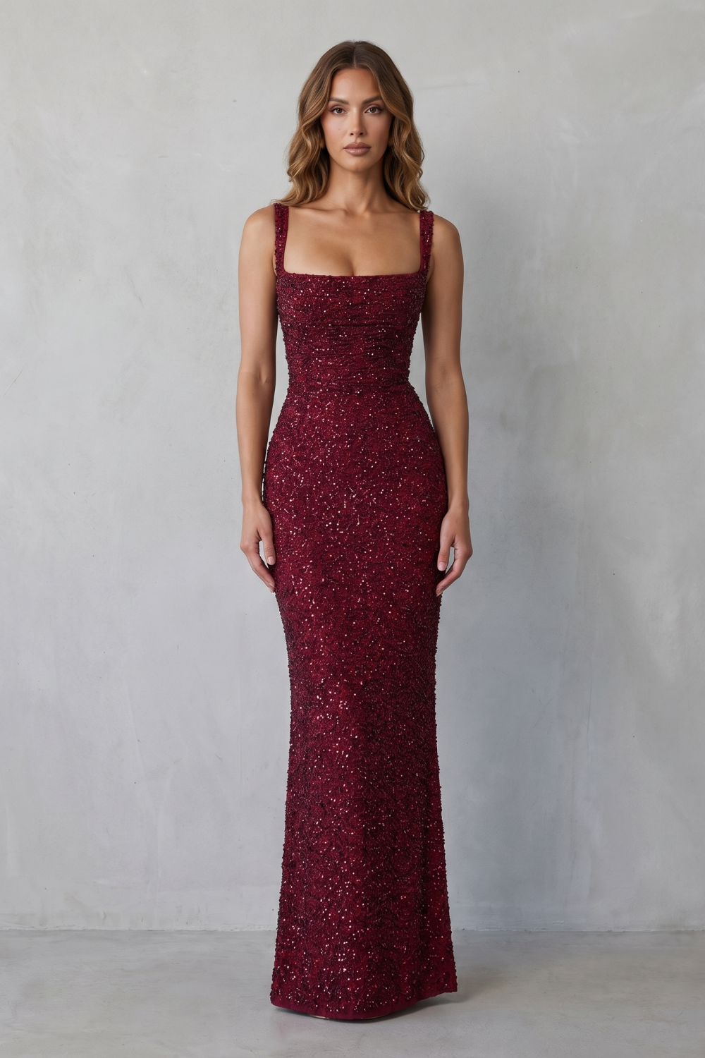 Wine red sequin maxi dress with straight neckline and fitted mermaid silhouette