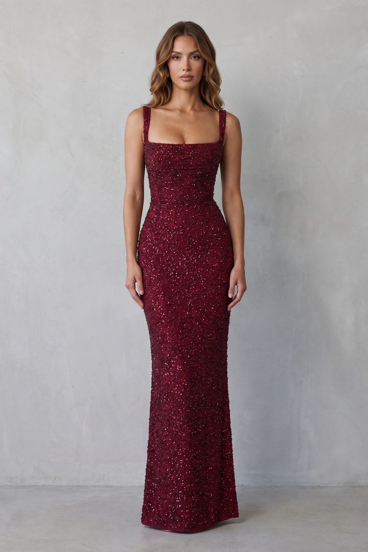 Wine red sequin maxi dress with straight neckline and fitted mermaid silhouette